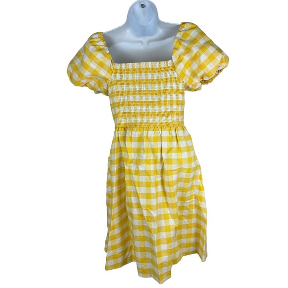 Yellow Gingham Smocked Button Down Square Neck Dress Puff Sleeves & Pockets XL - Picture 3 of 6